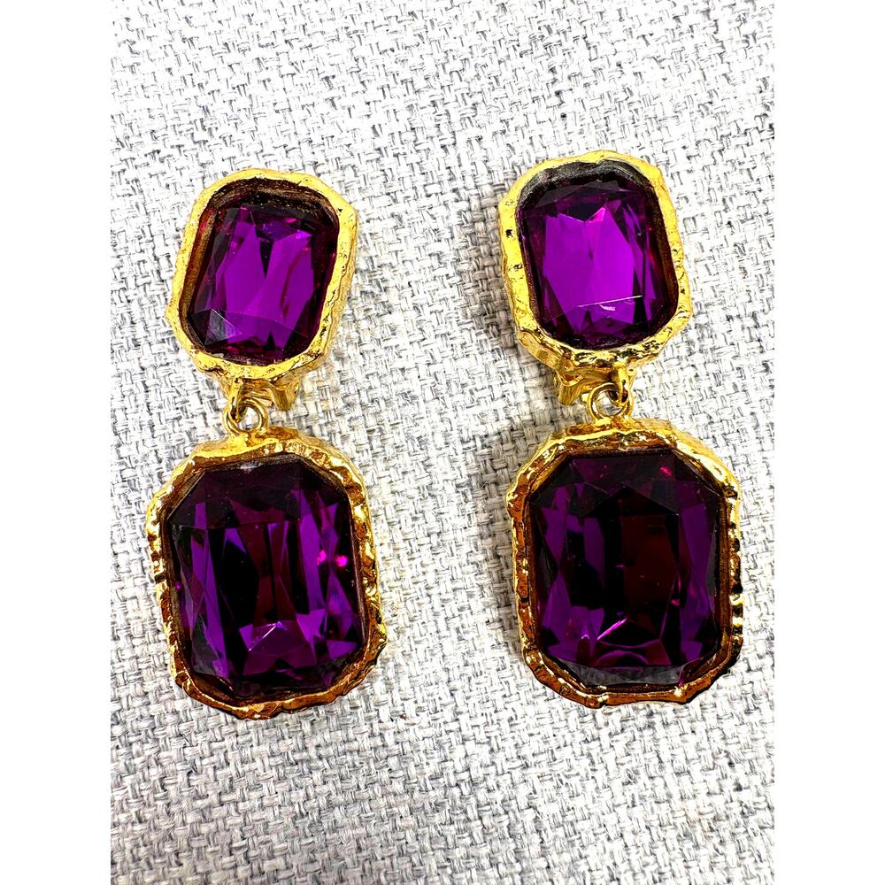 Vtg Ellen Designs Signed Clip On Earrings Purple Amethyst Glass Statement 1980s